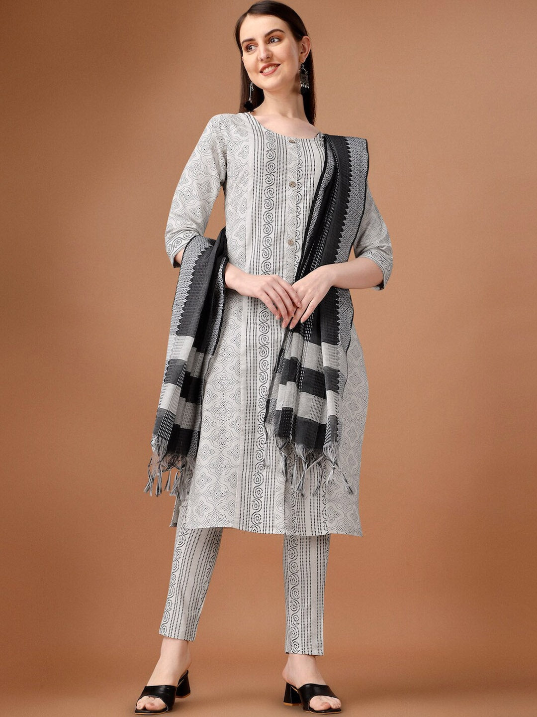 HERE&NOW White & Black Ethnic Motifs Printed Pure Cotton Kurta With Trousers & Dupatta | Grocsy