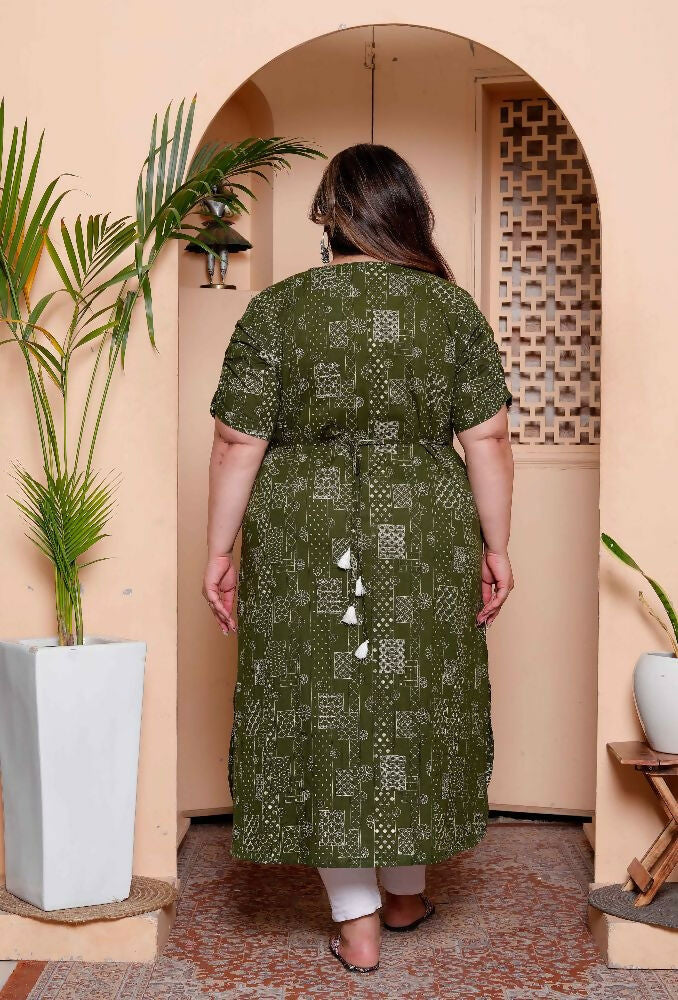 Miravan Womens Plus Size Pure Cotton Floral Printed Green Button Down A-Line Midi Dress | Grocsy