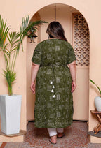 Miravan Womens Plus Size Pure Cotton Floral Printed Green Button Down A-Line Midi Dress | Grocsy