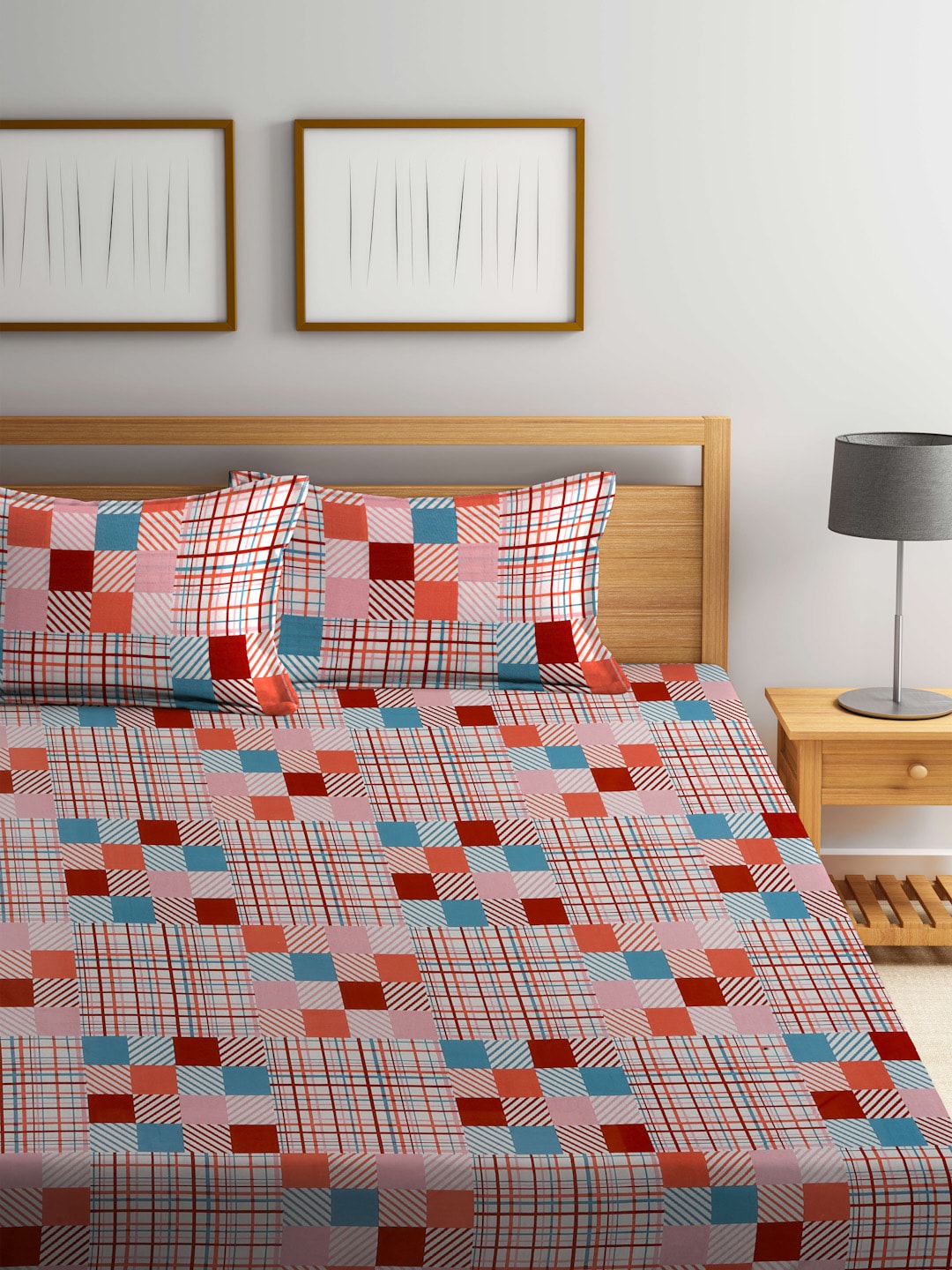 BOMBAY DYEING Marigold Pink Geometric Cotton 104 TC King Bedsheet & 2 Pillow Covers | Grocsy