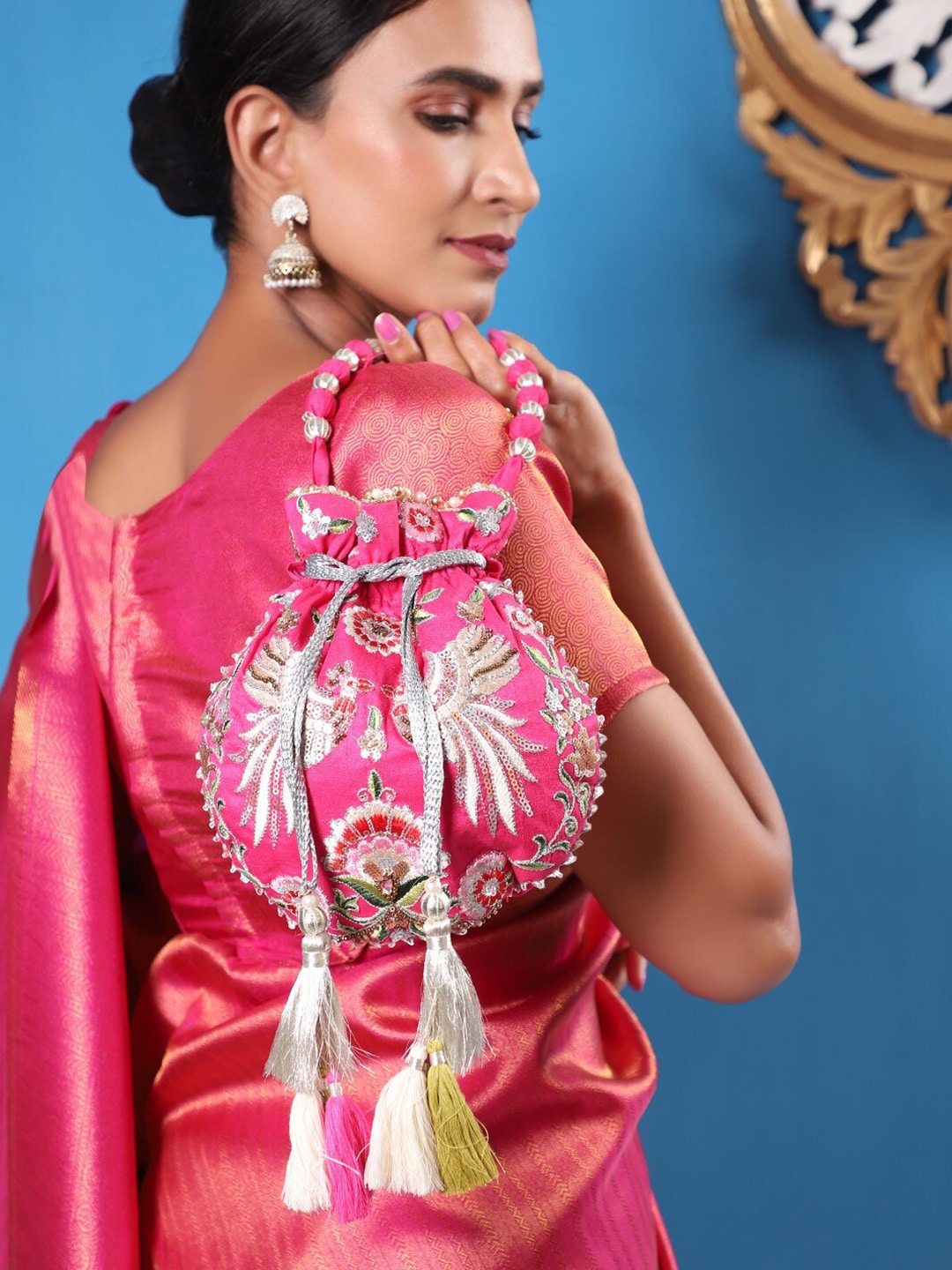 Masq Magenta & White Embroidered Potli Clutch | Grocsy