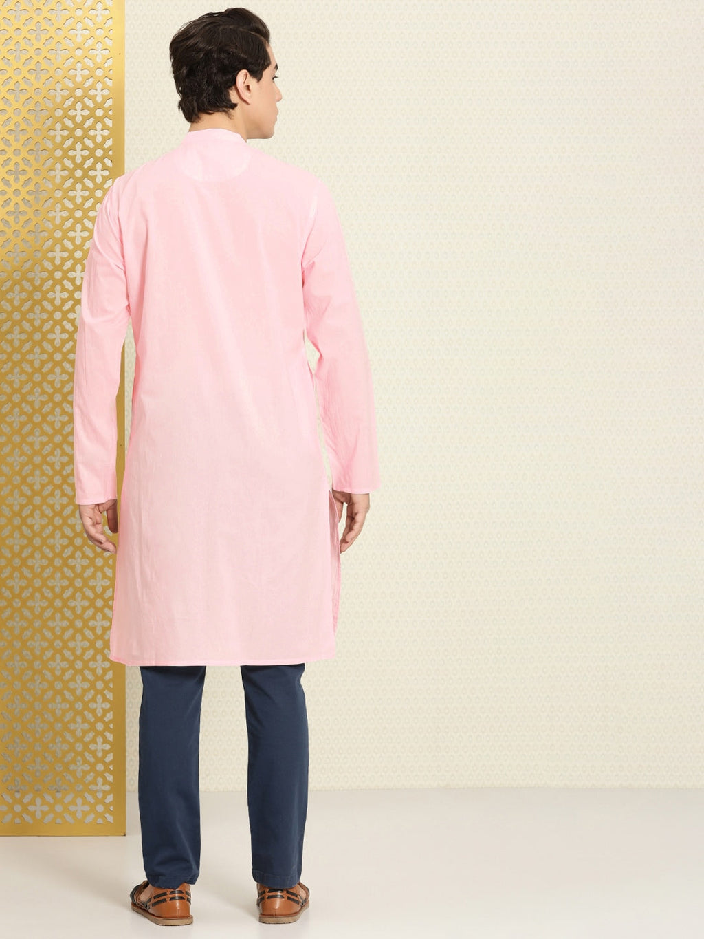 House of Pataudi Men Chikankari Yoke Design Pastels Pure Cotton Rozana Kurta | Grocsy