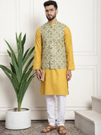 Sojanya Men Mustard Yellow Pure Cotton Kurta with Churidar & Nehru Jacket | Grocsy