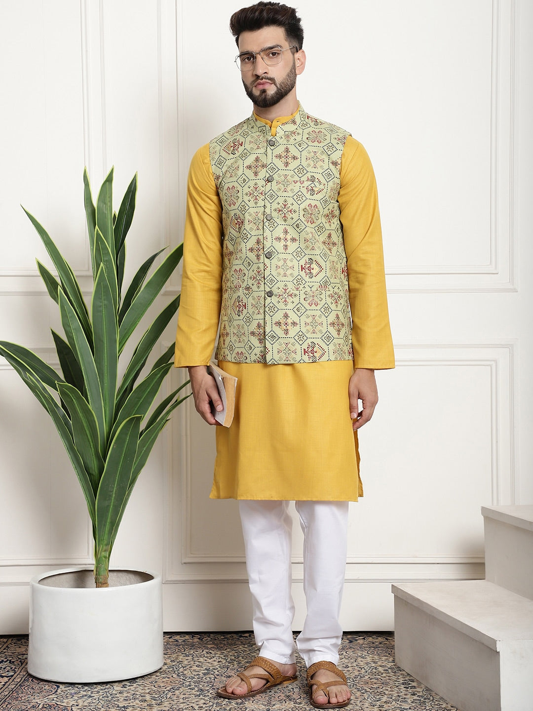 Sojanya Men Mustard Yellow Pure Cotton Kurta with Churidar & Nehru Jacket | Grocsy
