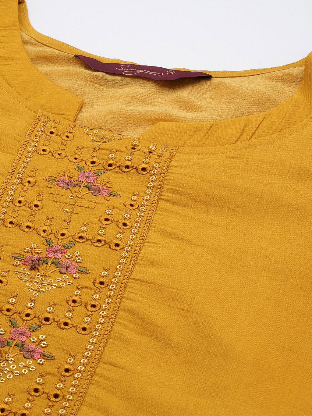 Sangria Women Mustard Yellow & Green Ethnic Motifs Embroidered Cotton Kurta Set | Grocsy