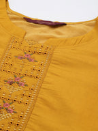 Sangria Women Mustard Yellow & Green Ethnic Motifs Embroidered Cotton Kurta Set | Grocsy
