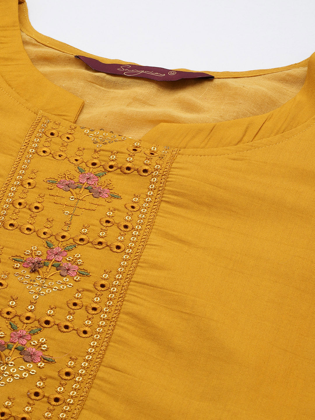 Sangria Women Mustard Yellow & Green Ethnic Motifs Embroidered Cotton Kurta Set | Grocsy