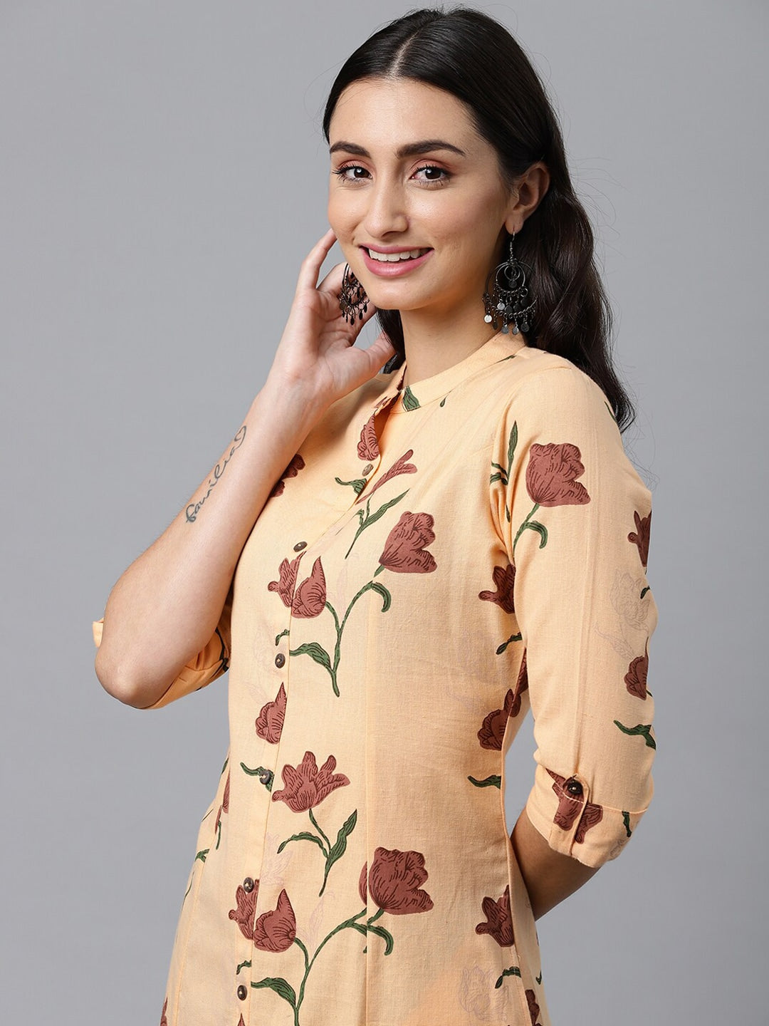 HERE&NOW Women Orange & Brown Floral Printed A-Line Kurta | Grocsy