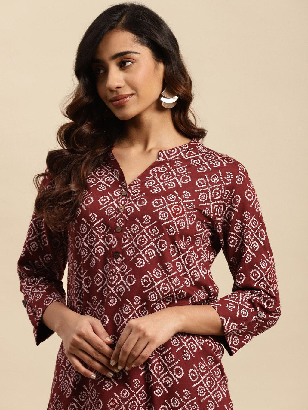 Sangria Maroon Bandhani Printed Pure Cotton Straight Kurta | Grocsy