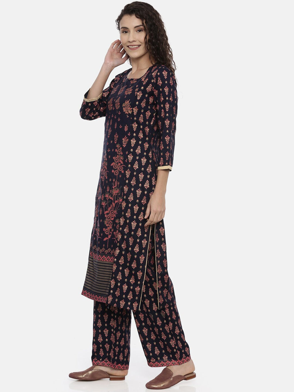 Souchii Navy Blue & Pink Printed Kurta with Palazzos | Grocsy