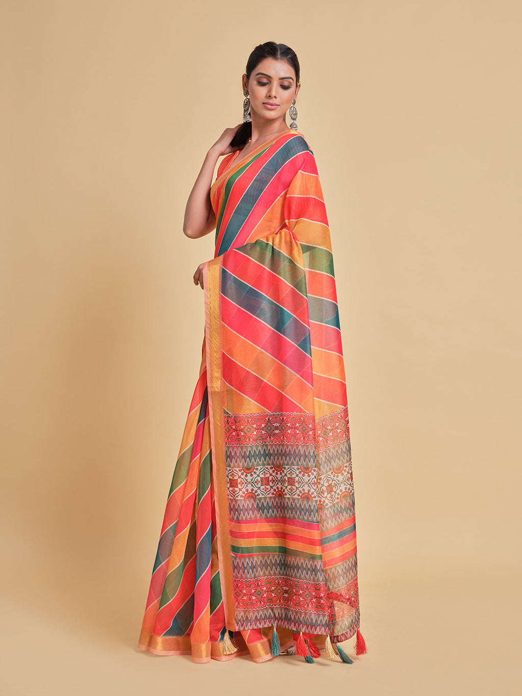 Sangria Orange & Green Printed Pure Cotton Saree | Grocsy