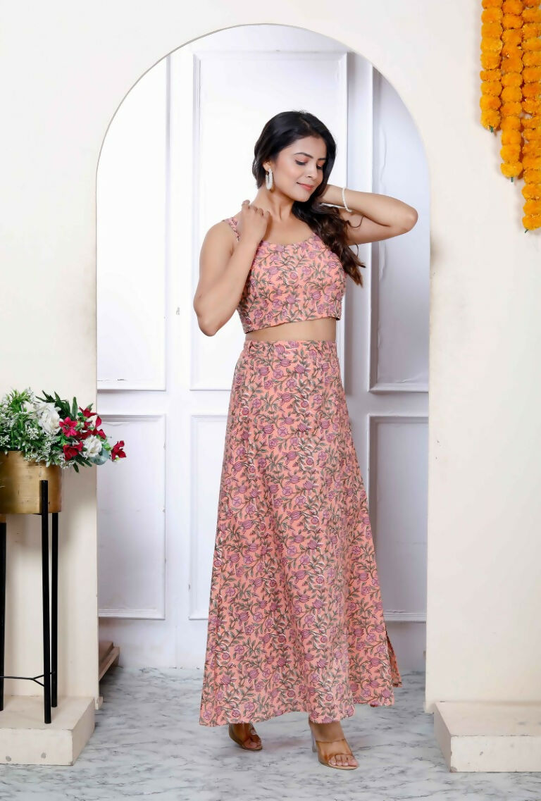 Miravan Women's Orange Floral Printed Crop Top And Skirt Co-Ord Set | Grocsy