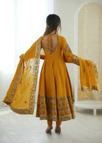 Teeya Creation Yellow Roman Silk Embroidery Work Party Wear long Gown | Grocsy
