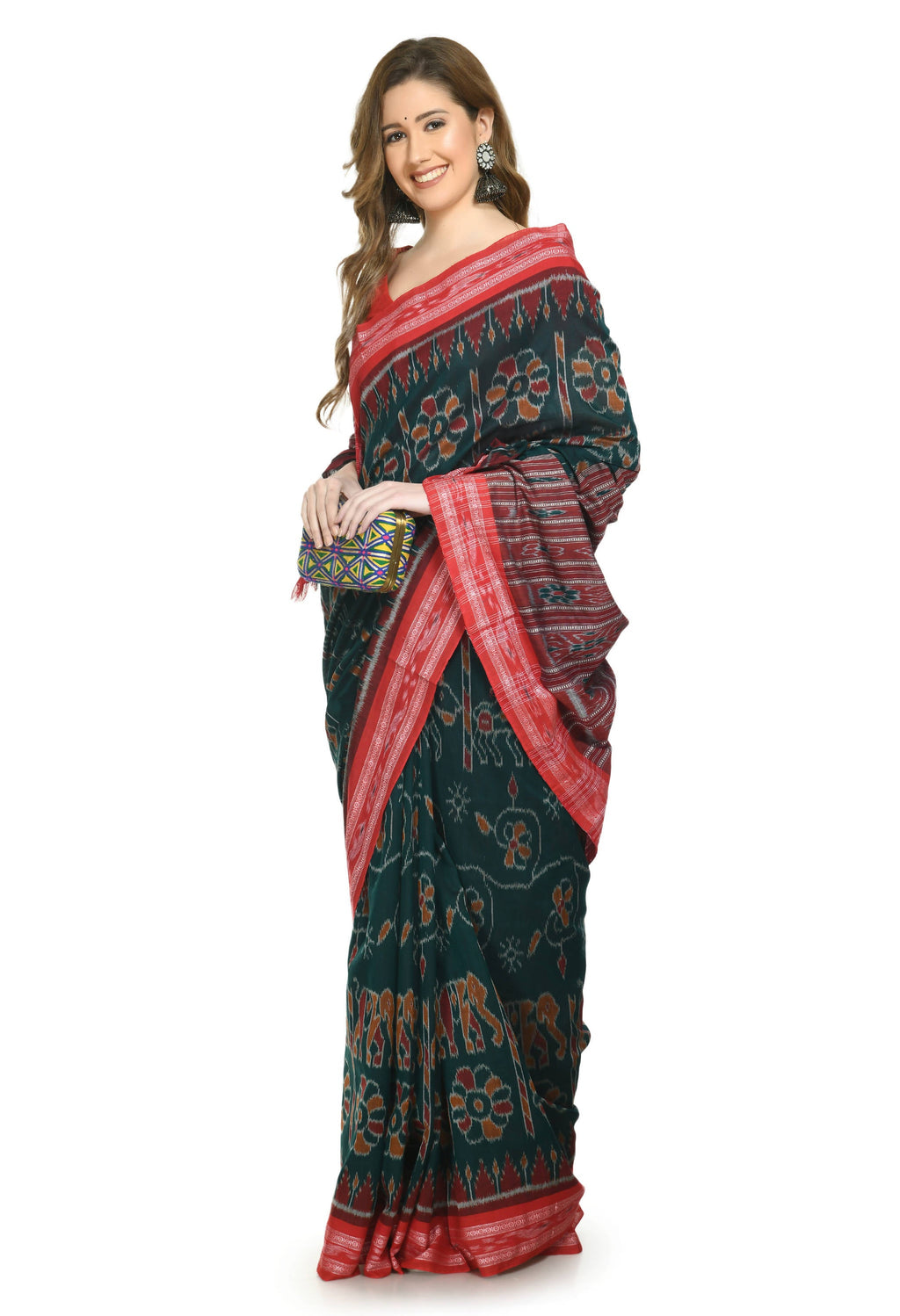Vamika Sambalpuri Ikat Cotton Dehabandha Green & Red Saree | Grocsy