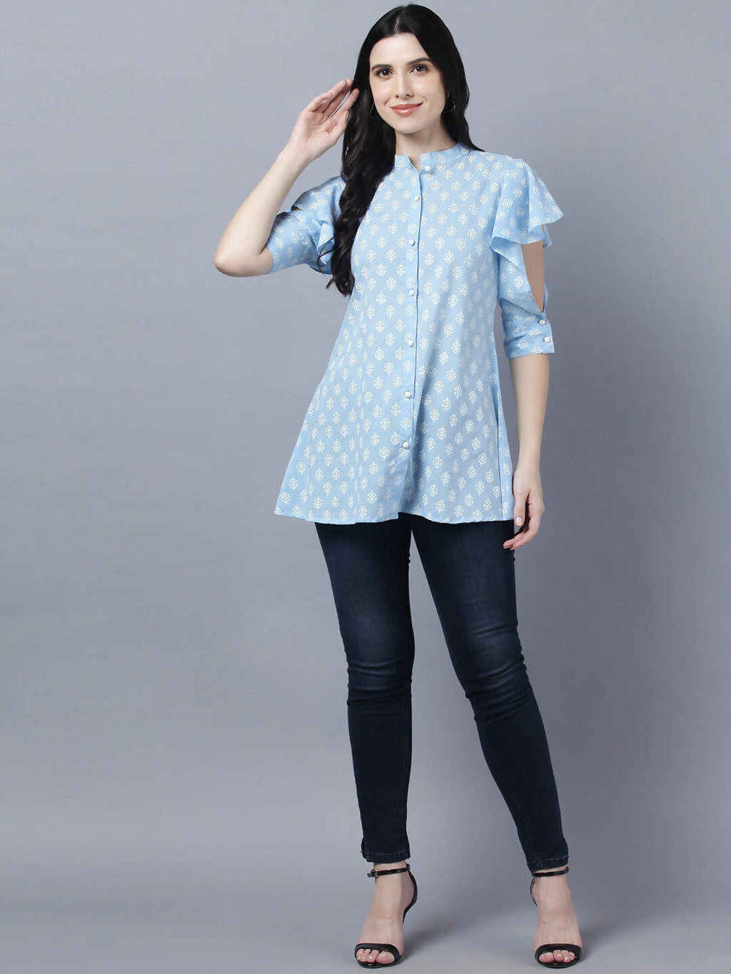 Myshka Stylish Blue Cotton Half Sleeve Women's Top | Grocsy