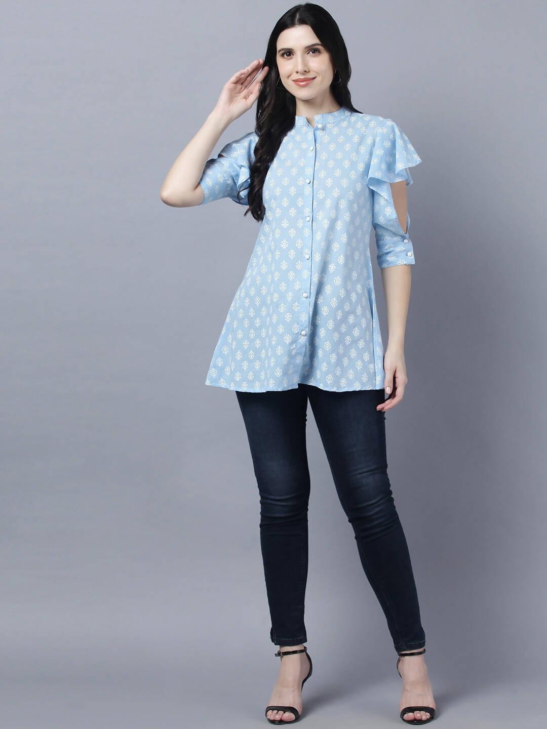 Myshka Stylish Blue Cotton Half Sleeve Women's Top | Grocsy