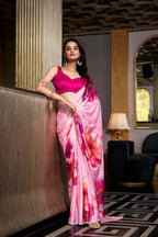 Vastranavya Baby Pink Satin Silk Printed Saree with Hotfix Work Unstitched Blouse | Grocsy