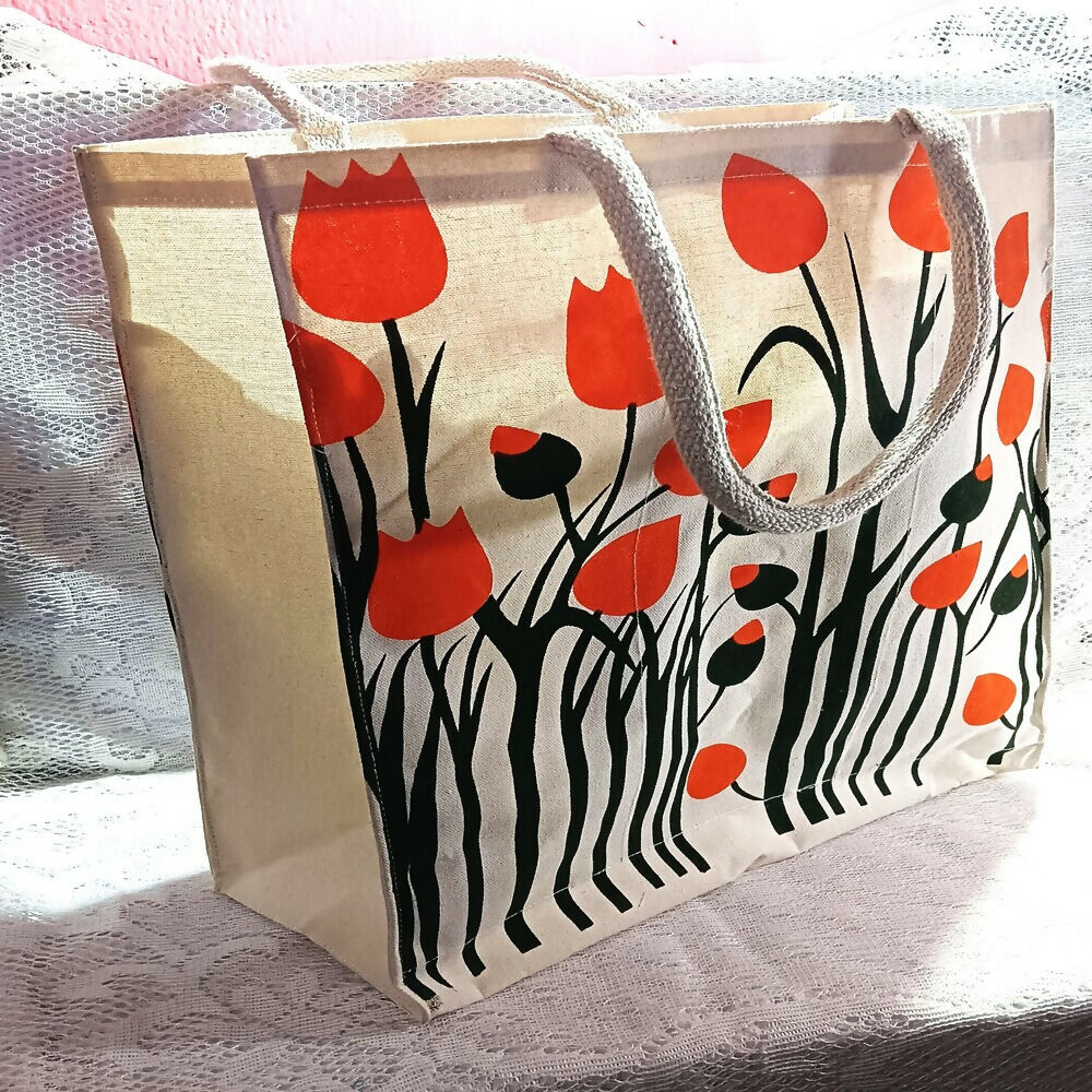 Canvas Jute Bag Flower Print | Grocsy