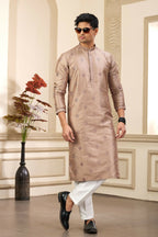 Raivat Ethnic Men's Art Silk Thread Work Kurta Pyjama In Brown Colour | Grocsy