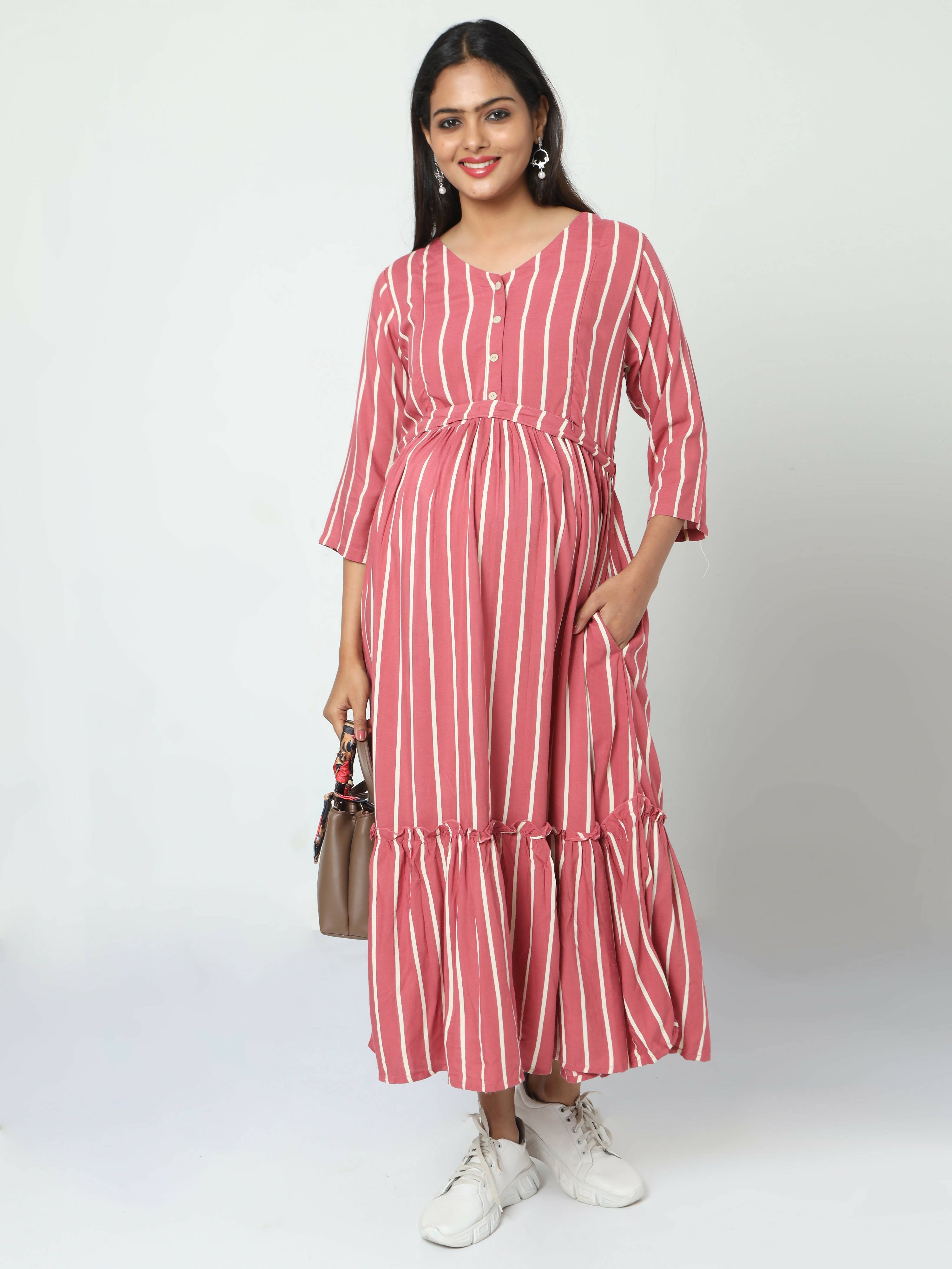 Manet Three Fourth Maternity Dress Striped With Concealed Zipper Nursing Access - Pink | Grocsy
