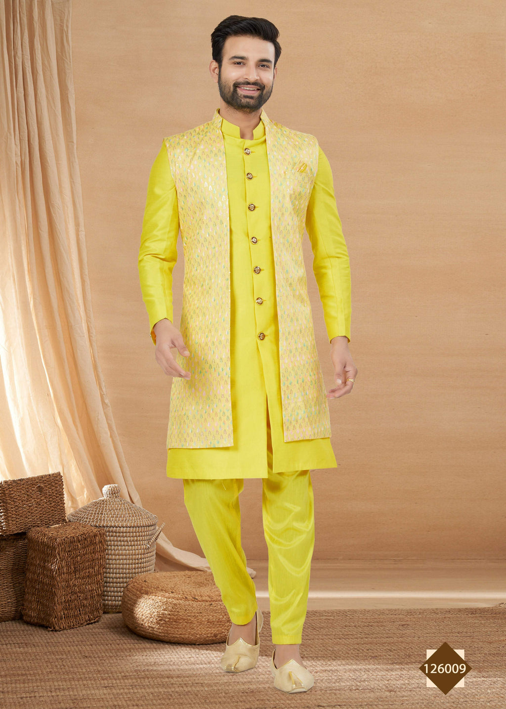 Joban Fashion Men's Lemon Yellow Heavy Art Silk Double Finish Plain Indowestern | Grocsy