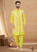 Joban Fashion Men's Lemon Yellow Heavy Art Silk Double Finish Plain Indowestern | Grocsy