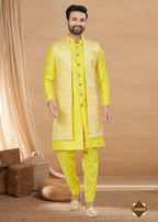 Joban Fashion Men's Lemon Yellow Heavy Art Silk Double Finish Plain Indowestern | Grocsy