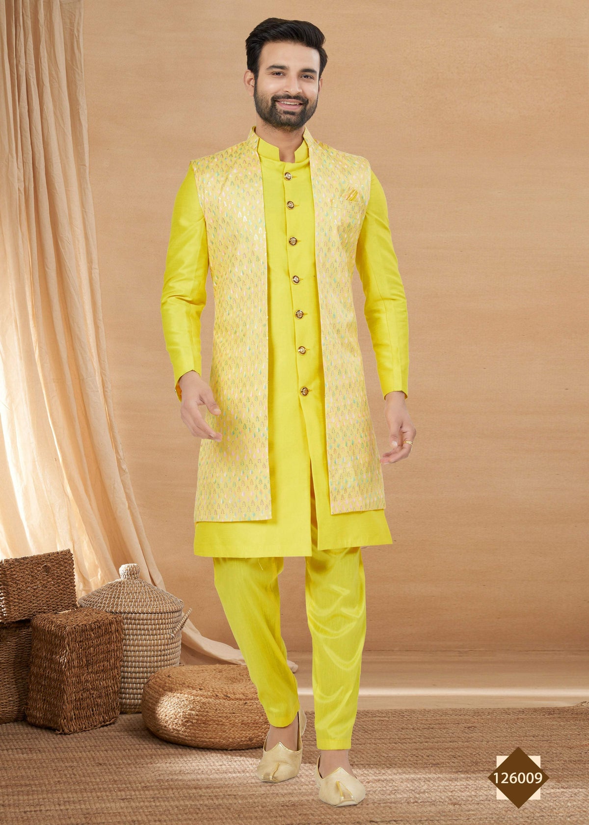 Joban Fashion Men's Lemon Yellow Heavy Art Silk Double Finish Plain Indowestern | Grocsy