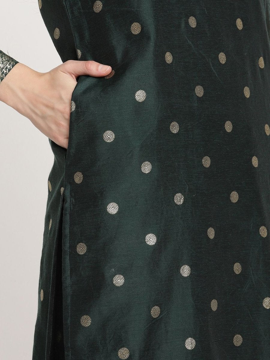 Ahalyaa Dark Green Gold Print Kurta Palazzo Set With Dupatta | Grocsy