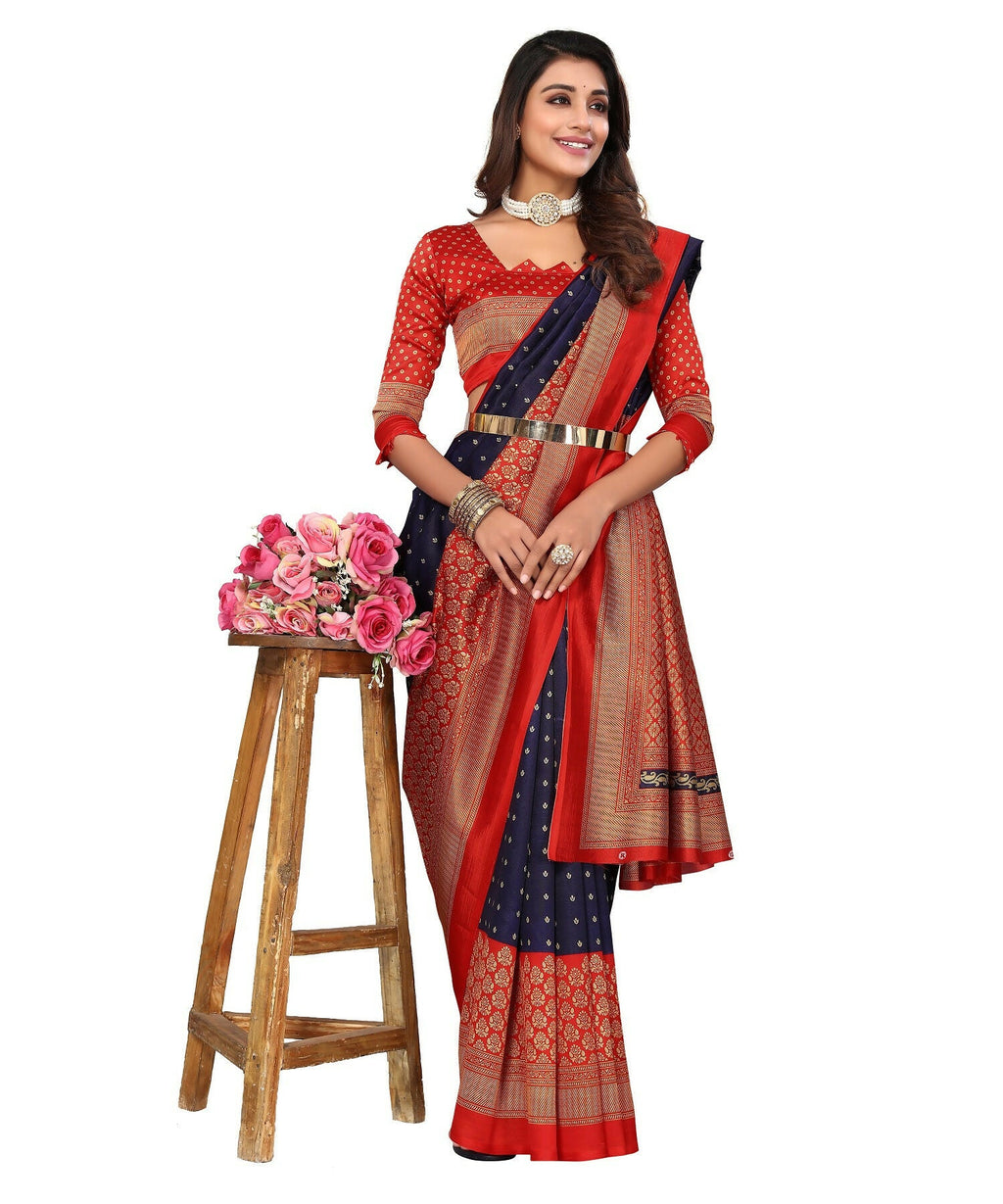 Vamika Navy Blue Printed Art Silk Saree | Grocsy