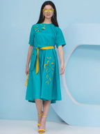 Joban Fashion Teal Blue Dress with Belt | Grocsy