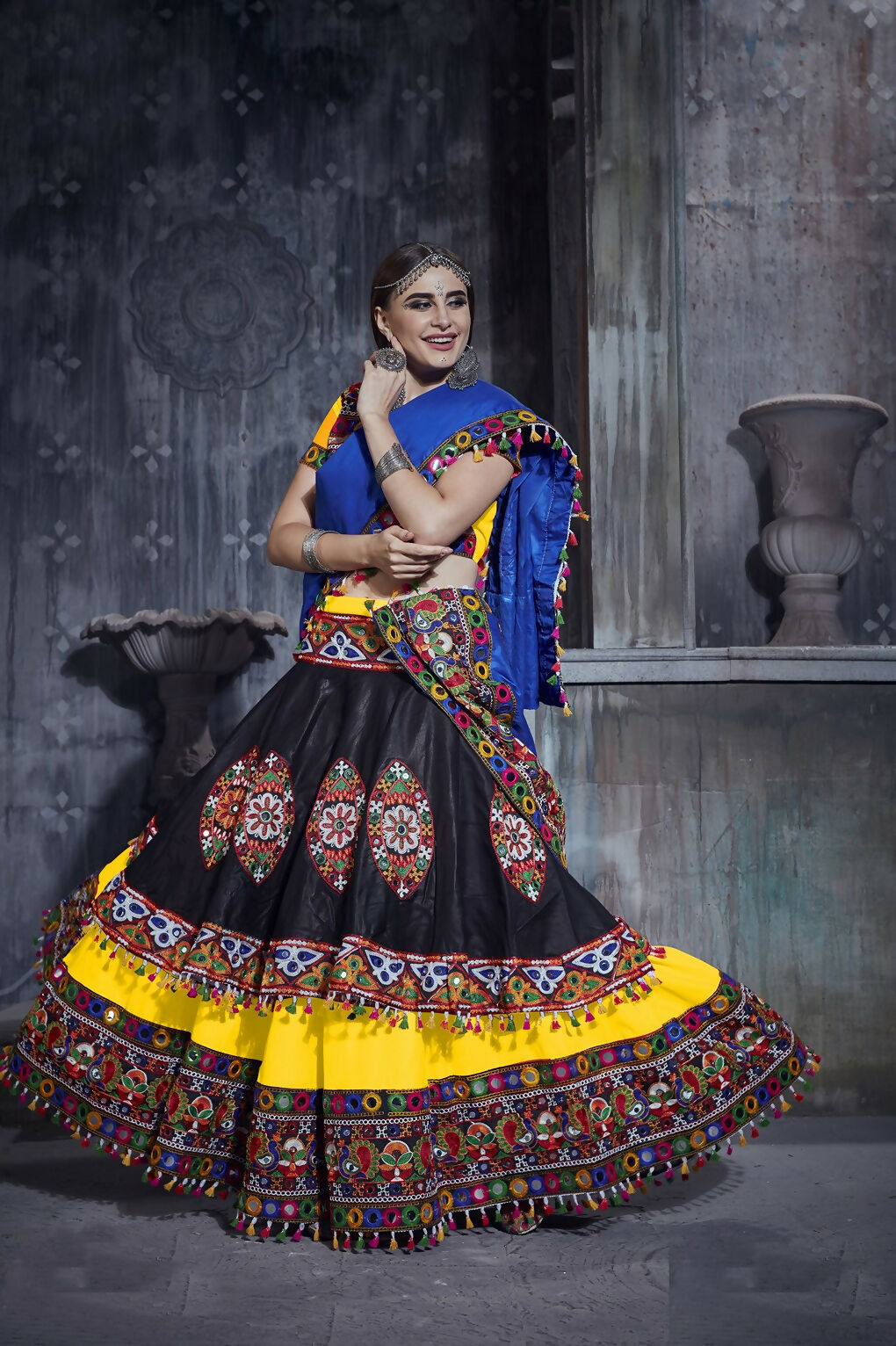 AI Fashion Black-Yellow Art Silk Designer Navratri Lehenga Choli Collection | Grocsy