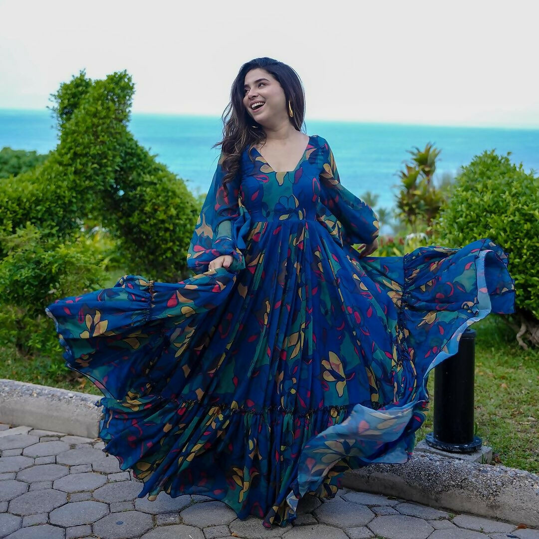 The52 Women's Gorgeous Printed work Georgette Fabric Flared Gown | Grocsy