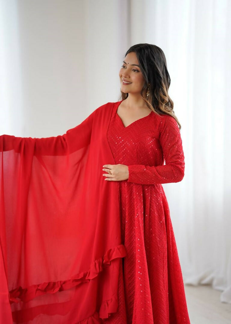 Teeya Creation Red Color Heavy Embroidery Work Georgette Fabric Wedding Wear Gown | Grocsy
