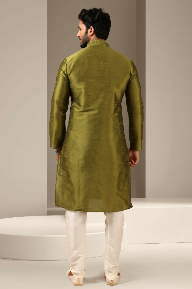 Raivat Ethnic Banarasi Art Silk Mirror Work Kurta Pajama In Green Colour | Grocsy