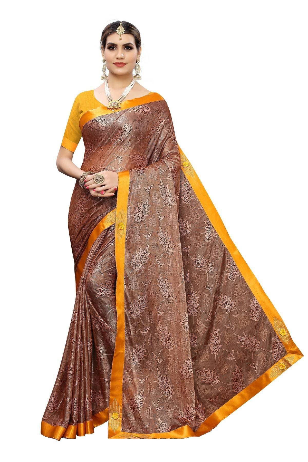 Vamika Brown Lycra Embroidery Saree | Grocsy