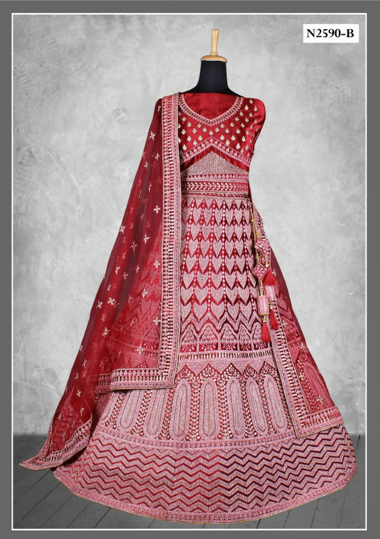 Red Velvet Thread With Diamond Work Lehenga Choli - Nimaya Tyohar | Grocsy