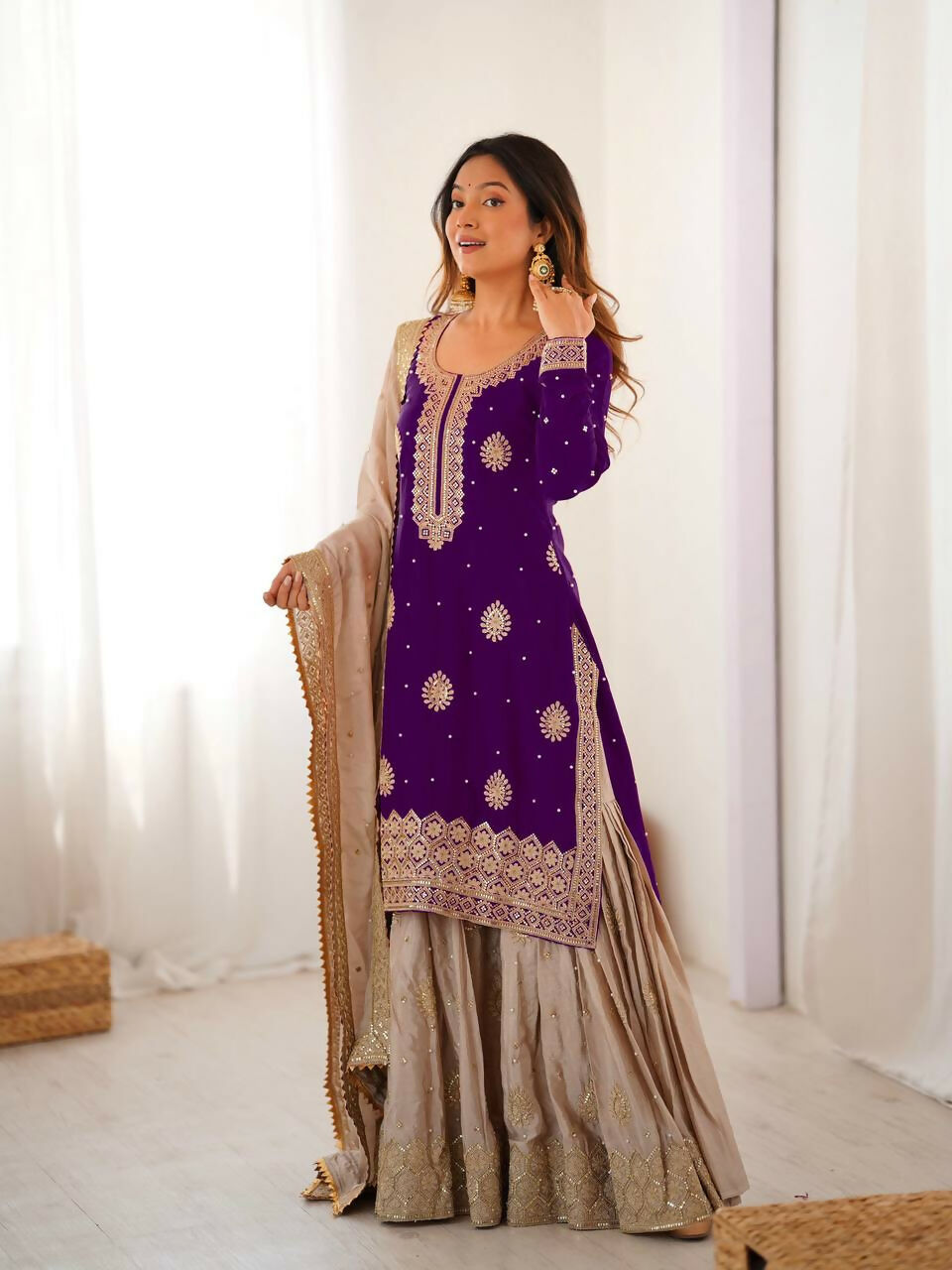 Lehenga Mart Designer Sharara Suit With Kurta, Sharara, Dupatta For Women-Purple | Grocsy