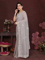 PR Fashion Grey Georgette Embroidery Work With Embroidery Work Blouse Saree | Grocsy