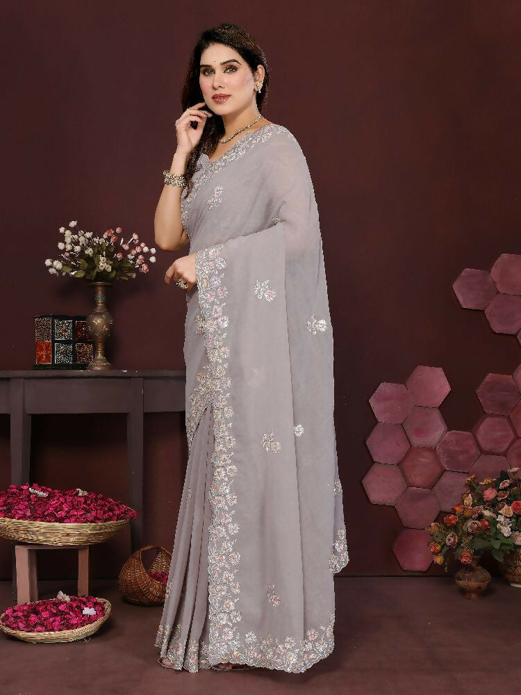 PR Fashion Grey Georgette Embroidery Work With Embroidery Work Blouse Saree | Grocsy