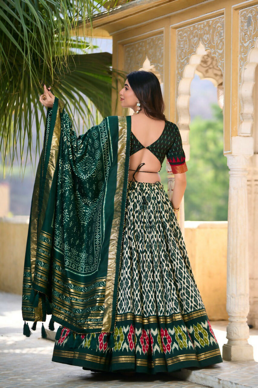 Vastranavya Designer Ikkat Print With Foil Work Lehenga Choli - Green | Grocsy