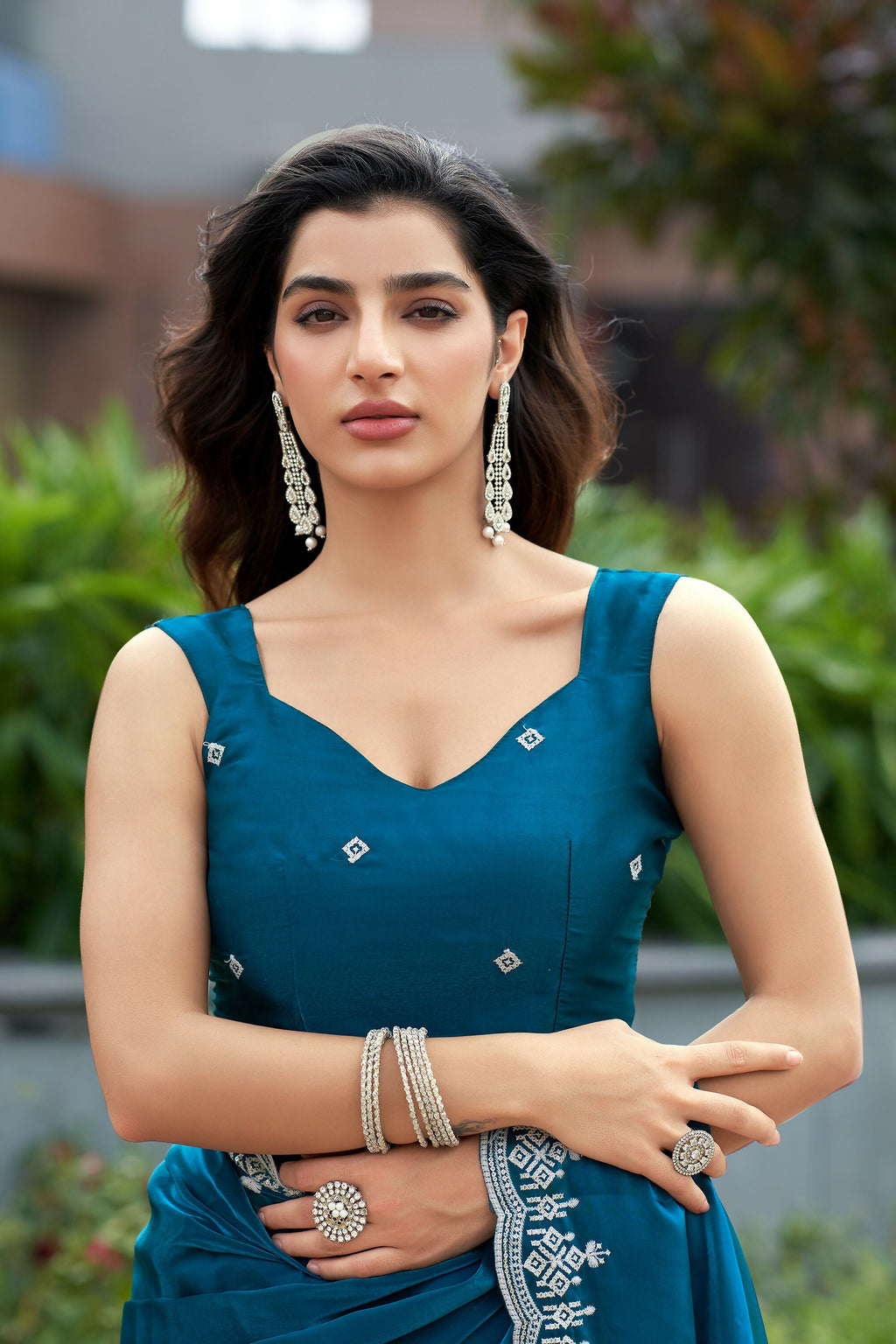 Vastranavya Teal Embroidery Work Shimmer Chiffon Saree with Unstitched Blouse | Grocsy