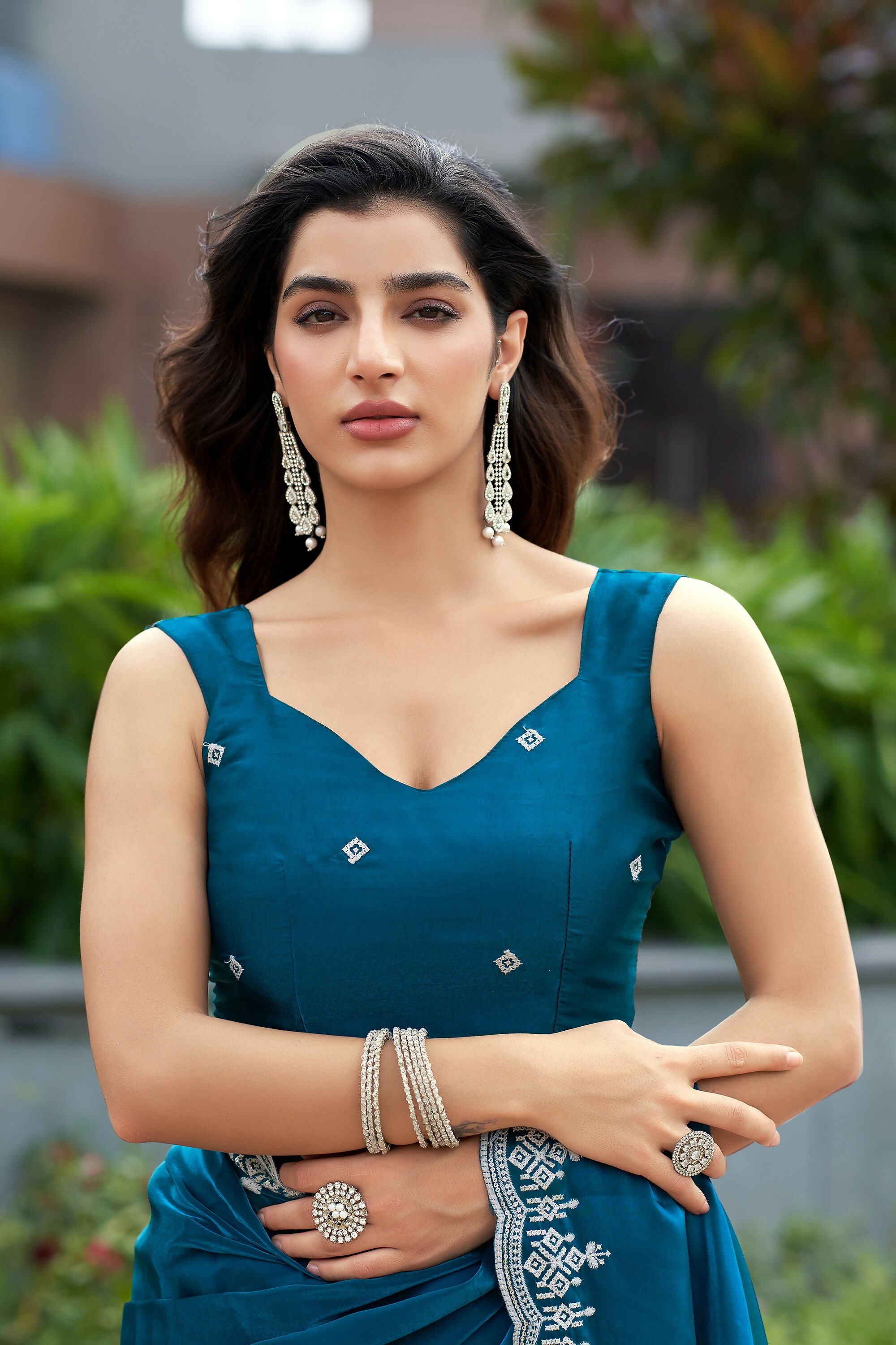 Vastranavya Teal Embroidery Work Shimmer Chiffon Saree with Unstitched Blouse | Grocsy
