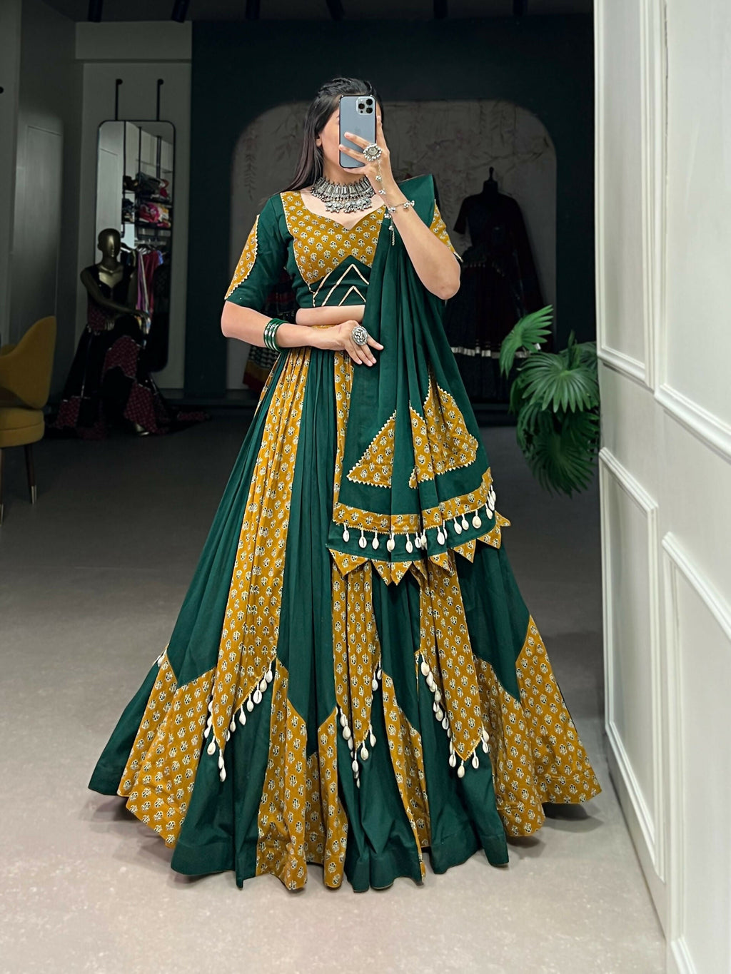 Vastranavya Navaratri Special Pure Cotton Printed With Cowrie (Kodi) Lace Touch Up Lehenga with Stitched Blouse - Green | Grocsy