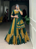 Vastranavya Navaratri Special Pure Cotton Printed With Cowrie (Kodi) Lace Touch Up Lehenga with Stitched Blouse - Green | Grocsy
