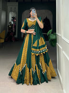 Vastranavya Navaratri Special Pure Cotton Printed With Cowrie (Kodi) Lace Touch Up Lehenga with Stitched Blouse - Green | Grocsy