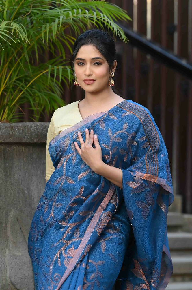 Beatitude Blue Cotton Floral Jamdani Saree | Grocsy