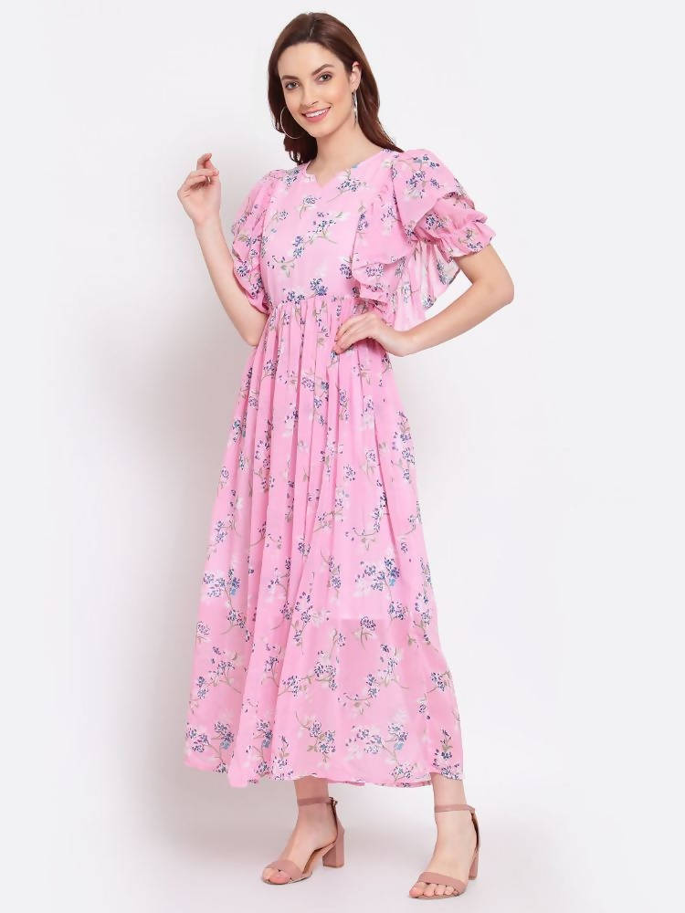 Myshka Women's Pink Printed Georgette Half Sleeve Round Neck Casual Dress | Grocsy
