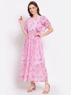 Myshka Women's Pink Printed Georgette Half Sleeve Round Neck Casual Dress | Grocsy