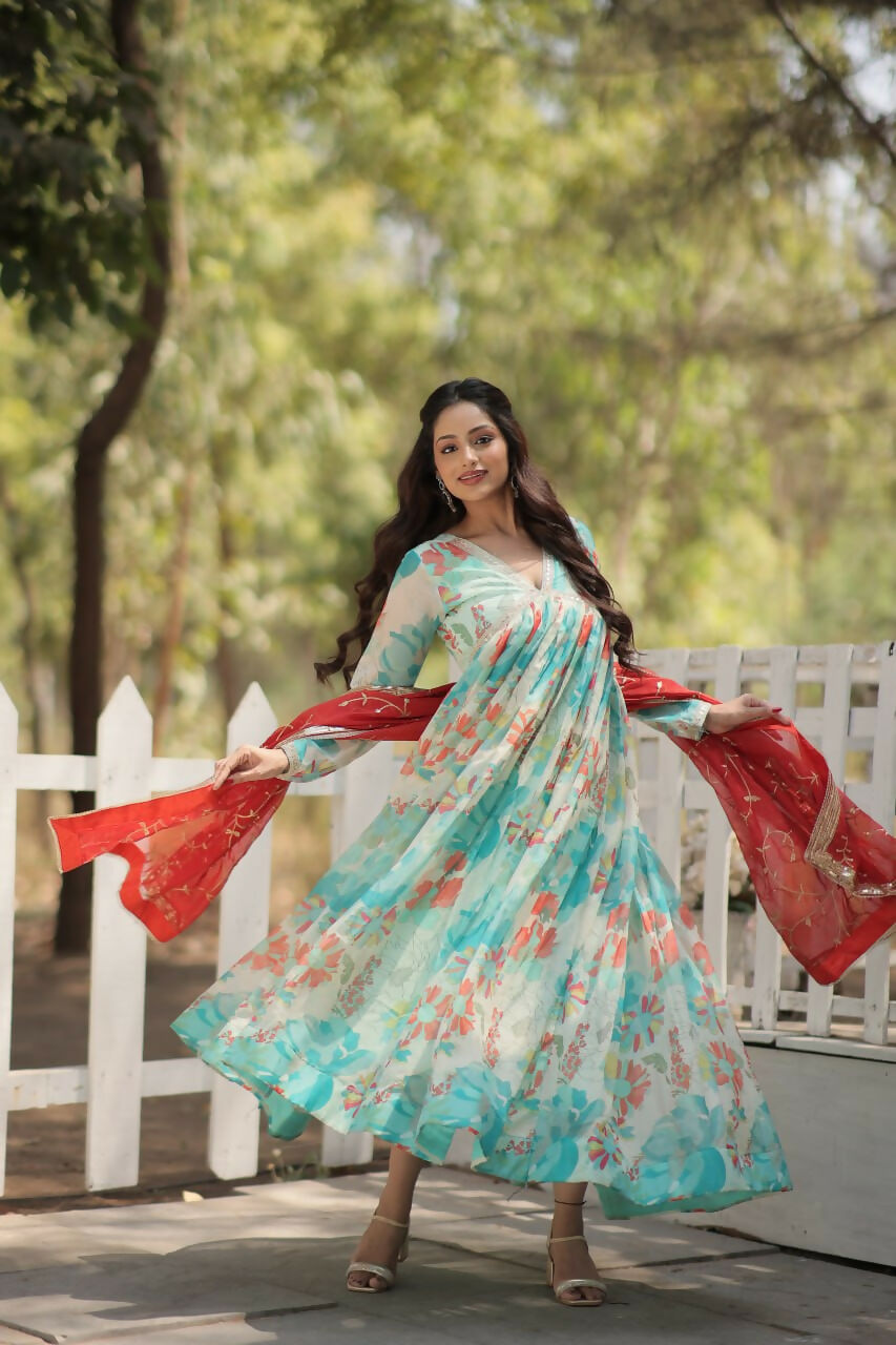 Vastranavya Digital Printed Russian silk & Stitch Canvas Patta Gown with Dupatta - Sky Blue | Grocsy